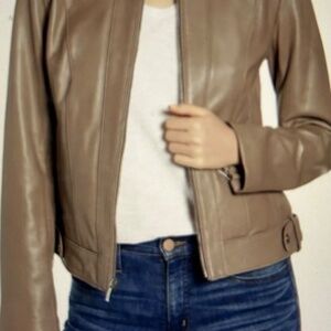 NWOT Cole Haan Genuine Lambskin  Leather Motto Bomber Jacket  Taupe XS